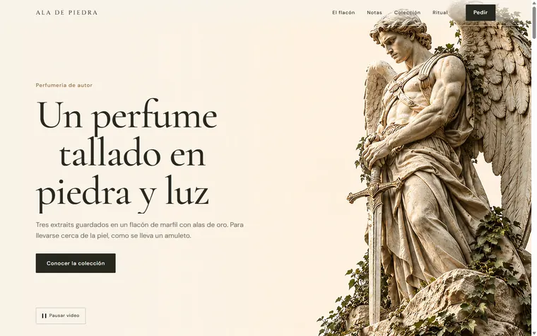 Portada de Ala de Piedra: “Un perfume tallado en piedra y luz” junto a una estatua de ángel