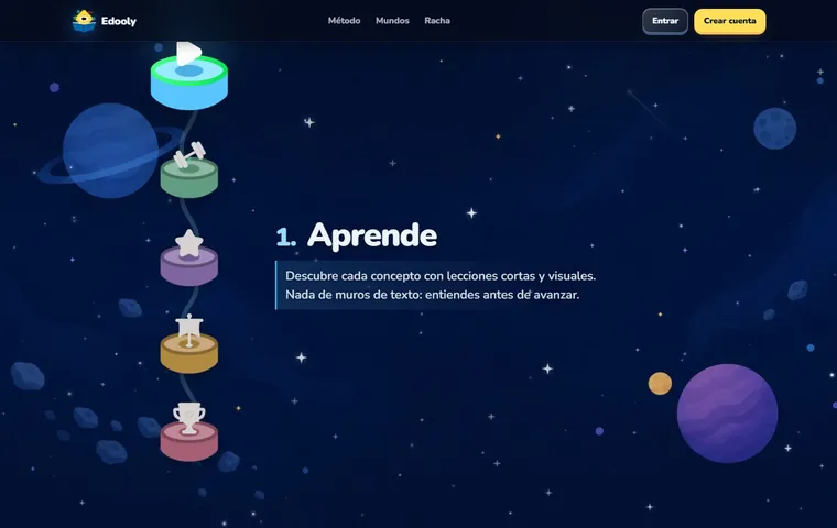 Camino de aprendizaje de Edooly con nodos de lección sobre un fondo espacial