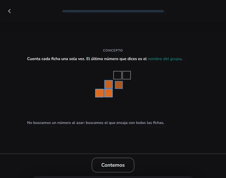 Pantalla de una lección de Edooly con fichas para contar